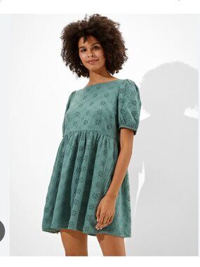 American Eagle Green Eyelet Babydoll Puff Sleeve Dress Size Small